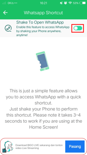Cara membuka WhatsApp dengan menggoyangkan HP 3 Pic 3 - fitur “shake to open Whatsapp” telah aktif.
