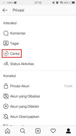 Cara menyembunyikan story Instagram kamu dari orang lain 5 Tab cerita di menu interaksi.