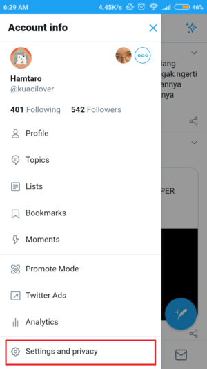 Cara mengganti username twitter lewat HP ataupun PC 9 tap foto profil di ujung kiri atas tampilan, setelah itu buka menu settings dengan menekan settings and privacy