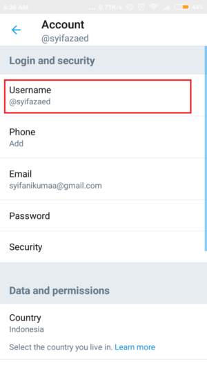 Cara mengganti username twitter lewat HP ataupun PC 18 pilih opsi "username" untuk mengubah username