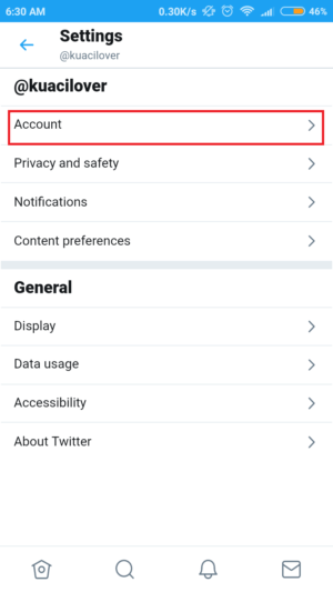 Cara mengganti username twitter lewat HP ataupun PC 10 tap "account" untuk membuka pengaturan akun