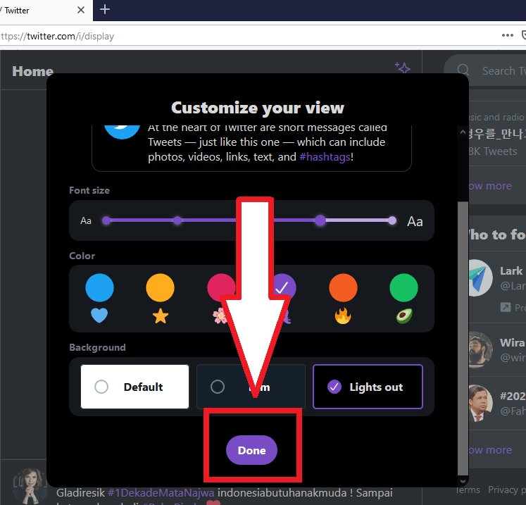 Cara mengubah tampilan twitter jadi gelap dengan dark mode 22 klik done