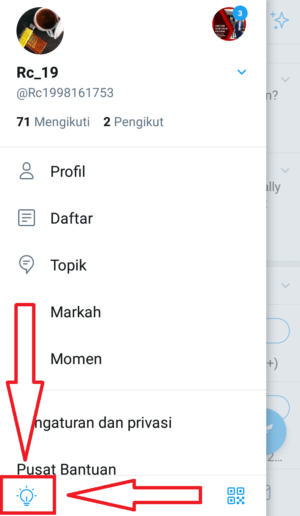 Cara mengubah tampilan twitter jadi gelap dengan dark mode 16 klik icon lampu pojok kiri bawah
