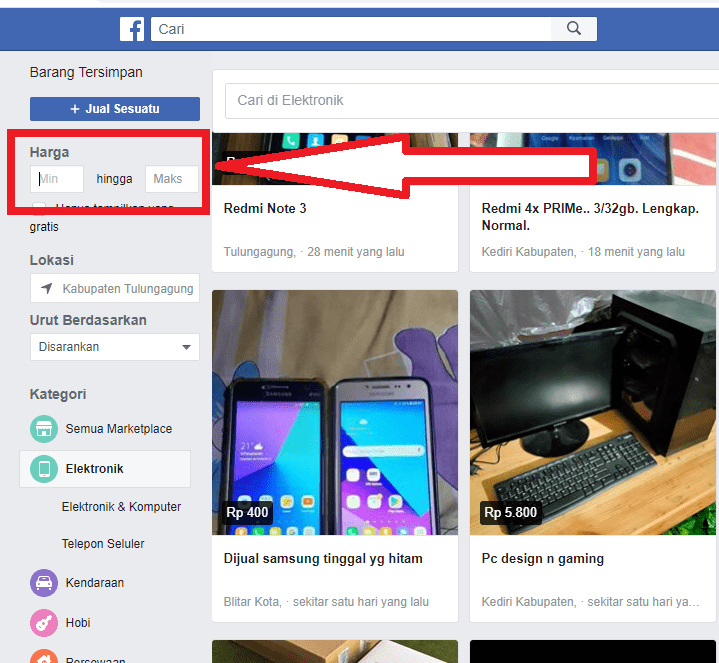 Cara Mencari Barang di Marketplace Facebook 3 masukan harga minimal dan maksimal