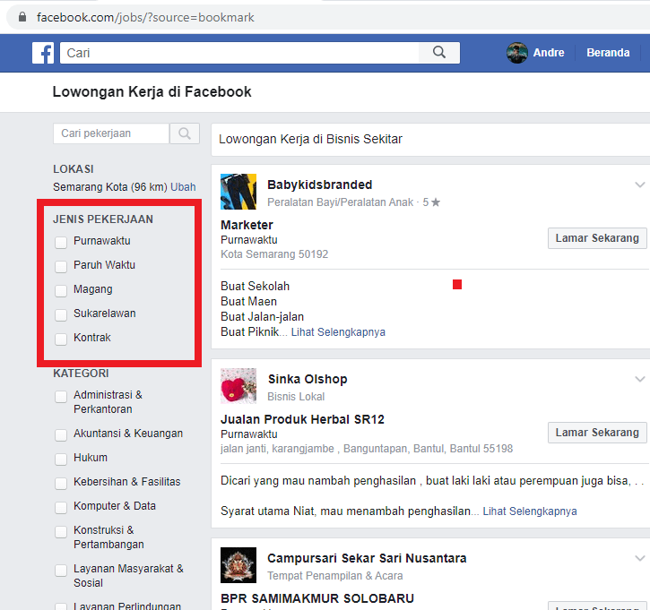 Cara mencari lowongan kerja di facebook 3 pilih jenis pekerjaan