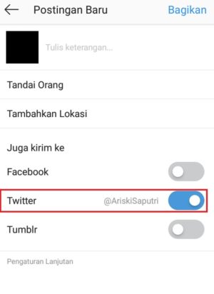 Cara menghubungkan Twitter ke Instagram 9 Memilih opsi membagikan ke sosmed tertaut