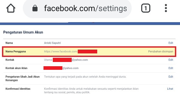 Cara mengganti url profil Facebook 14 URL Facebook berhasil diganti