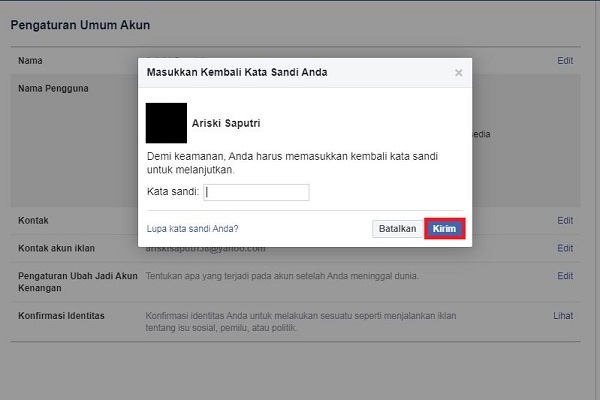 Cara mengganti url profil Facebook 8 Konfirmasi kata sandi akun Facebook