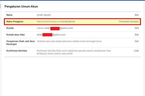 Cara mengganti url profil Facebook 9 Tampilan saat berhasil mengganti URL Facebook
