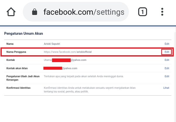 Cara mengganti url profil Facebook 12 "Edit" untuk mengedit nama pengguna