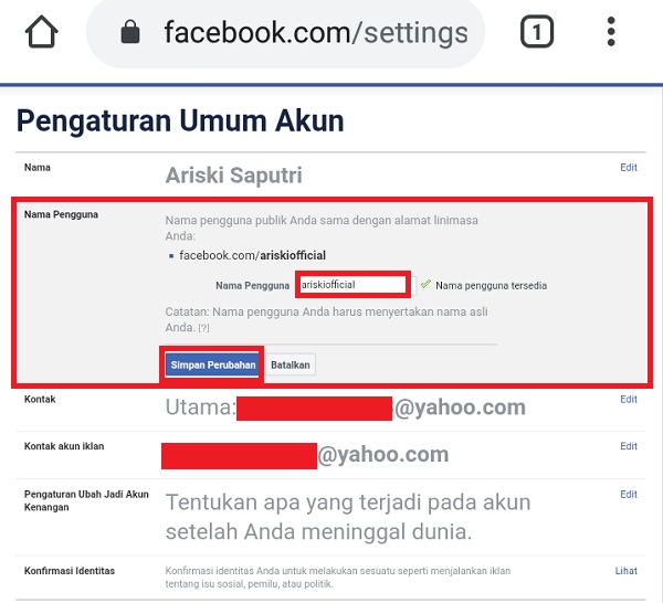 Cara mengganti url profil Facebook 13 Mengganti nama pengguna yang diinginkan