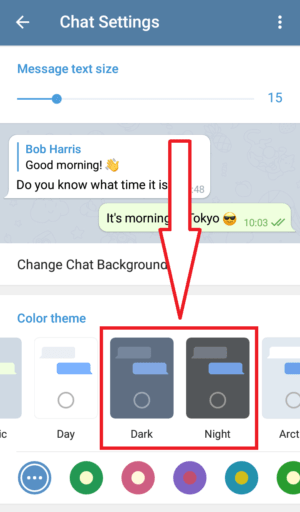 Cara mengaktifkan Dark Mode di Telegram 9 pilih fitur dark mode yang di inginkan