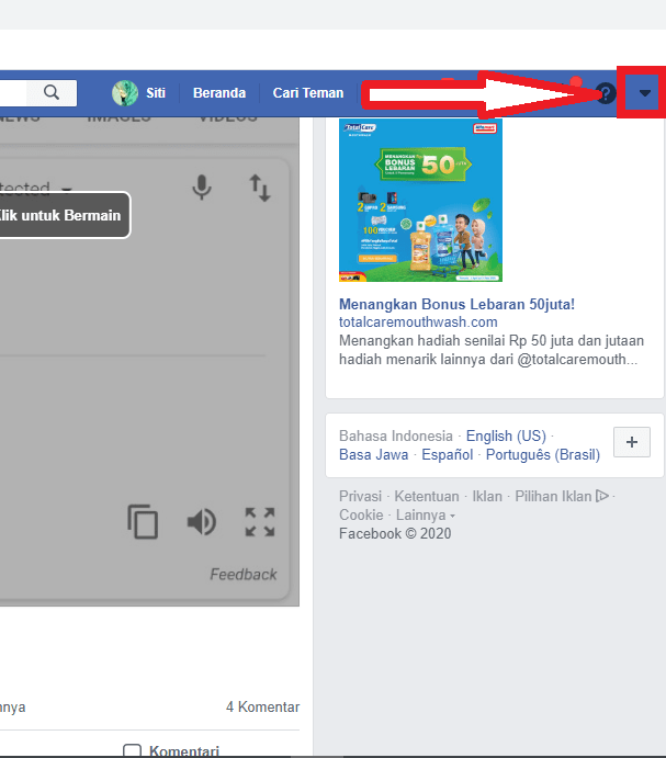Cara mengubah tampilan Facebook ke tampilan terbaru 2 klik icon panah bawah