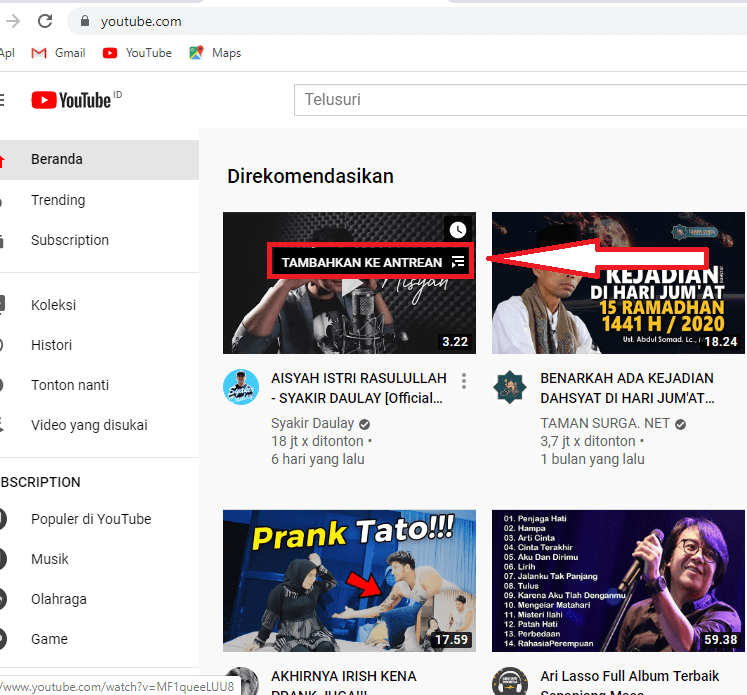 Cara menggunakan fitur "Tambahkan ke Antrean" di Youtube 1 klik tambahkan ke antrean