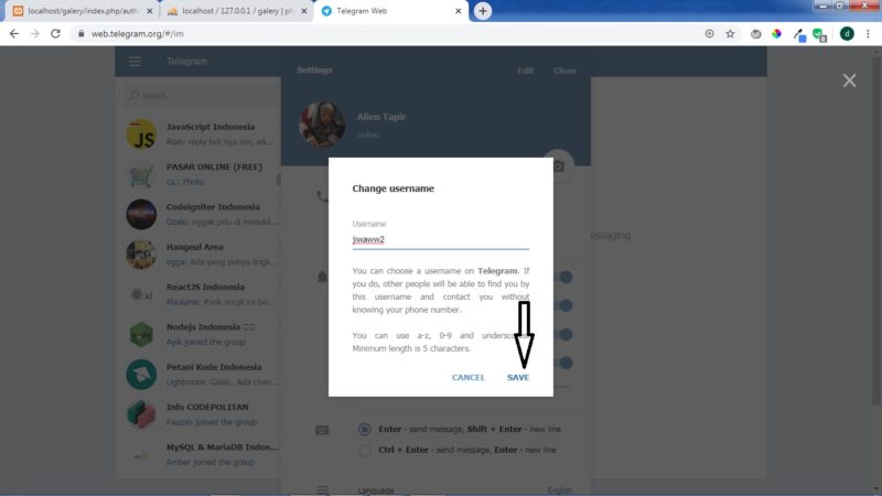 Cara membuat username di Telegram 13 klik save
