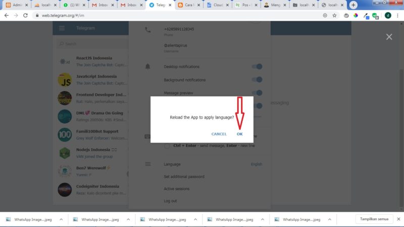 Cara mengubah bahasa di Telegram 10 konfirmasi penggantian bahasa
