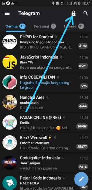 Cara mengunci telegram dengan PIN 8 tap lambang gembok