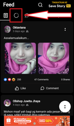 Cara download story (cerita) di Facebook 6 klik icon bulat putus putus