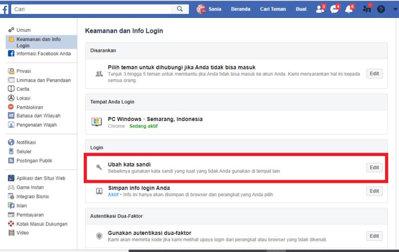 Cara mengganti password akun Facebook 11 klik ubah kata sandi