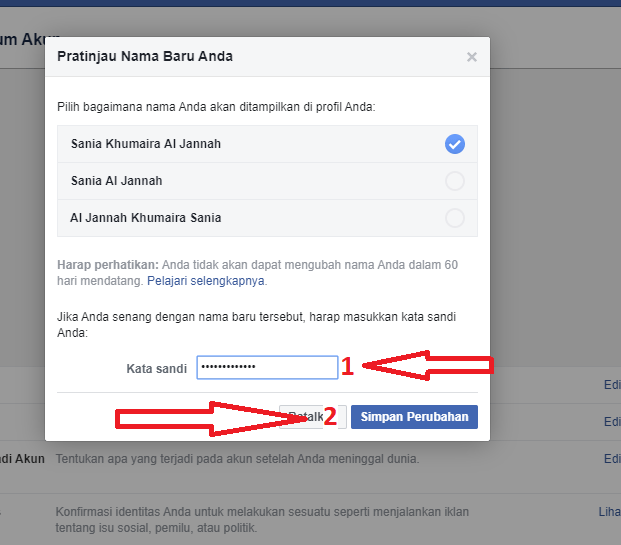 Cara mengganti nama di facebook 13 masukan kata sandi dan klik simpan perubahan