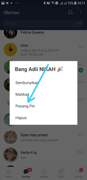 Cara mem-pin chat LINE agar selalu berada dipaling atas 2 Pilih Pasang Pin