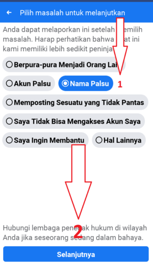 Cara melaporkan akun facebook 12 pilih nama palsu dan klik selanjutnya