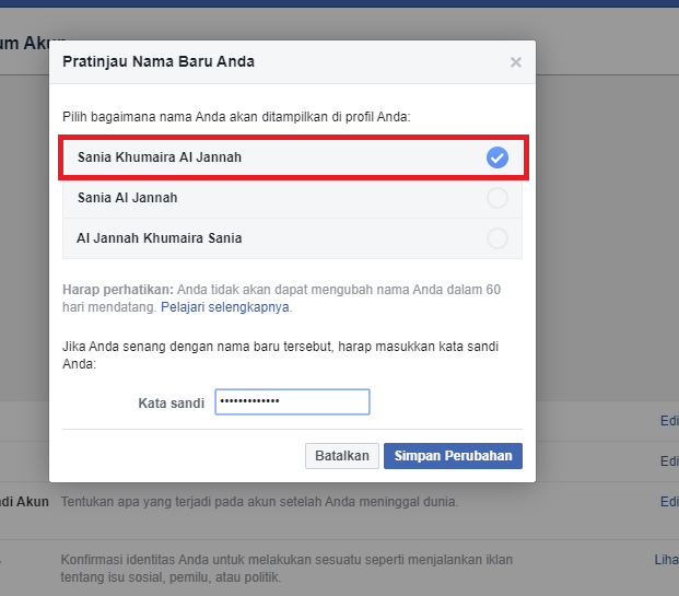 Cara mengganti nama di facebook 12 pilih nama sesuai yang tadi di buat