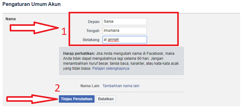 Cara mengganti nama di facebook 11 ubah nama dan klik tijau perubahan