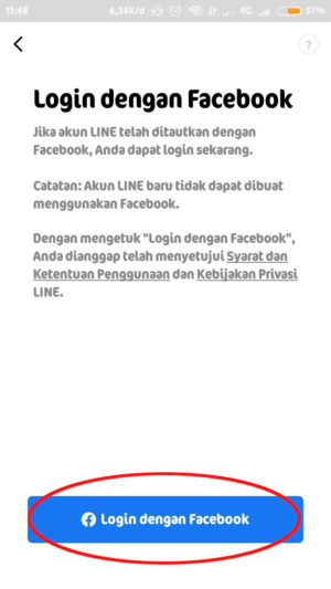 Cara login LINE tanpa verifikasi nomor HP lama 17 tap "login dengan facebook"