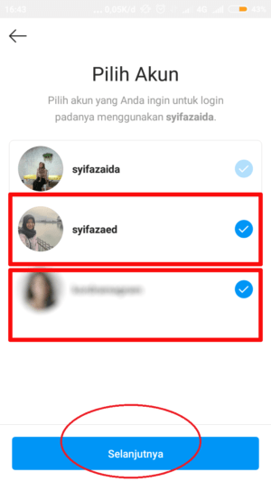 Cara memakai dan melepas fitur login multi-akun Instagram 6 pilih akun yang akan dihubungkan lalu "selanjutnya"