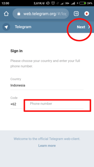 Cara menghapus banyak kontak telegram sekaligus 9 masukkan nomor HP yang sudah terdaftar di telegram, lalu klik "next"