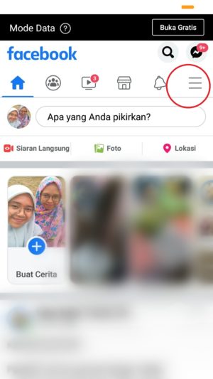 Cara menghilangkan postingan grup di beranda Facebook 1 tap ikon tiga garis untuk membuka menu