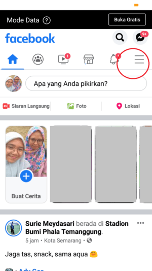 Cara prioritaskan akun tertentu di beranda facebook 1 tap ikon garis tiga pada beranda facebook