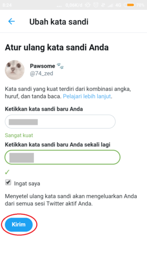 Cara mengatasi lupa password di Twitter 13 isi password baru dan "kirim"
