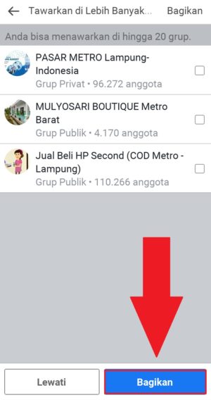 Cara menjual barang di marketplace Facebook 5 Pilih grup yang akan dikirmkan postingan produk yang kamu jual