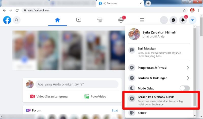 Cara merubah tampilan facebook ke versi yang lama 5 klik "beralih ke facebook klasik"
