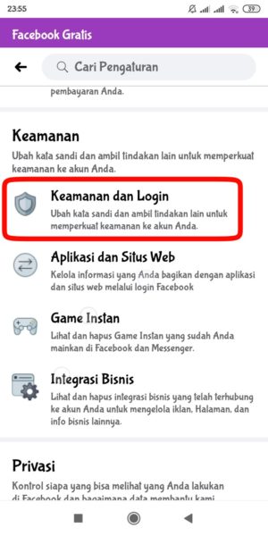 Cara mengaktifkan "Autentikasi Dua Faktor" di Facebook 4 masuk ke menu "keamanan dan login"
