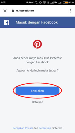 Cara mengatasi lupa password Pinterest 9 tap "lanjutkan"