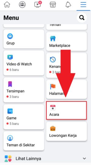 Cara membuat undangan acara/event di Facebook 2 Pilih menu"Acara" untuk masuk ke halaman event Facebook