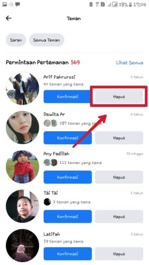 Cara menolak permintaan pertemanan di Facebook 3 tekan hapus untuk menolak permintaan pertemanan
