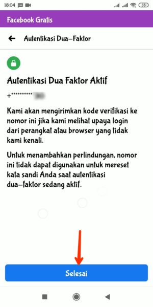 Cara mengaktifkan "Autentikasi Dua Faktor" di Facebook 15 tap tombol "Selesai"