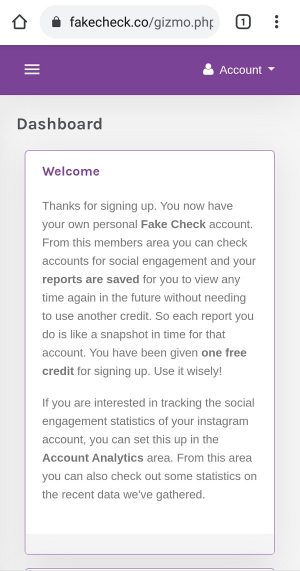 Cara cek followers Instagram asli atau palsu 6 Halaman dashboard akun Fakecheck.co milikmu