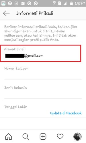 Cara melihat email akun Instagram kita sendiri 4 email bisa ditemukan di halaman "Informasi Pribadi".