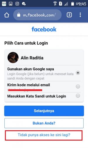 Cara mengembalikan akun FB dengan bantuan teman (kontak terpercaya) 5 Tap "Tidak punya akses ke sini lagi?"