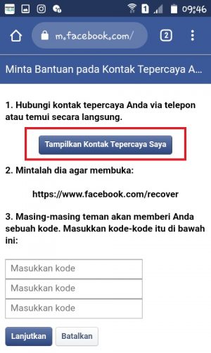 Cara mengembalikan akun FB dengan bantuan teman (kontak terpercaya) 7 Tap "tampilkan Kontak Terpercaya Saya".