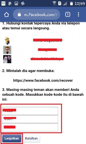 Cara mengembalikan akun FB dengan bantuan teman (kontak terpercaya) 10 Masukan kode dari "Kontak Terpercaya".
