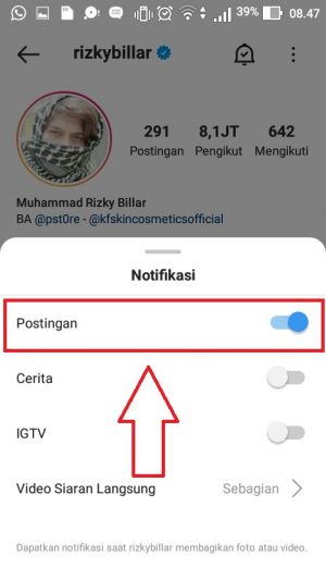Cara mengaktifkan notifikasi Instagram orang lain yang kita suka 4 KLIK TOMBOL SAMPAI BIRU