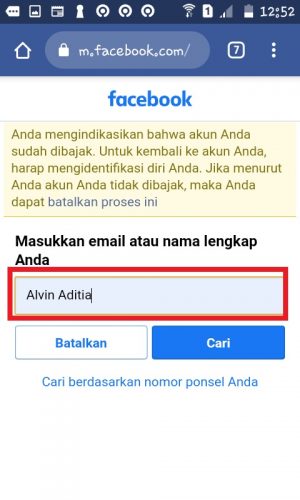 Cara mengembalikan akun Facebook yang di Hack (Panduan Lengkap) 5 Masukan nama akun Facebookmu.
