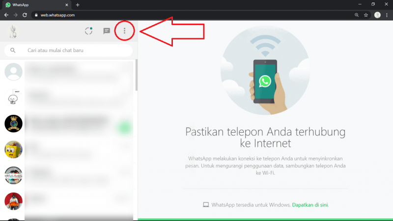 Cara logout WhatsApp Web dari PC atau HP 1 ikon menu di WhatsApp Web PC
