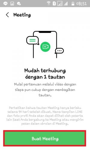 Cara membuat, mengundang dan memulai LINE meeting 3 Tap "Buat Meeting".